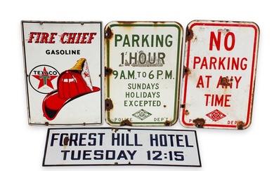Three Porcelain Road Signs and Texaco Pump Plate