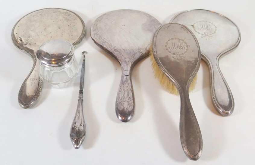 Three Silver Backed Hand Mirrors, brush, slice cut glass and...