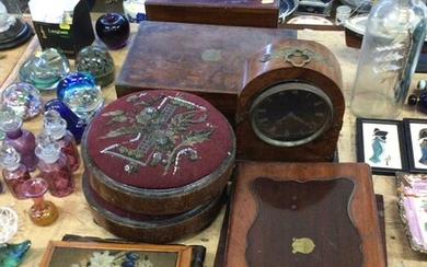 Three Victorian mahogany boxes, a pair of beadwork footstools, a mantel clock and two needlework items