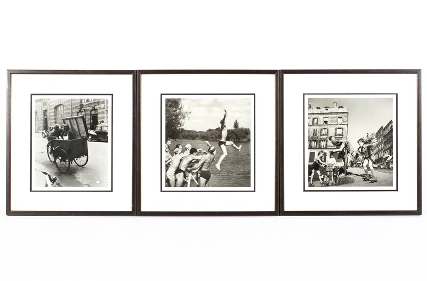 Three framed black and white prints, the images after early-mid 20th century photographs