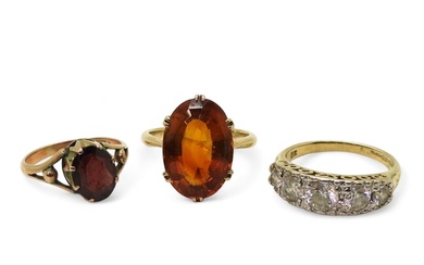Three gem set rings, to include a 9ct gold citrine ring, siz...