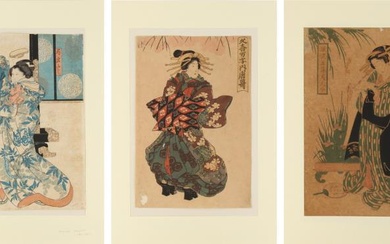 Three mid 19th century Japanese woodblock prints depicting bijins,...