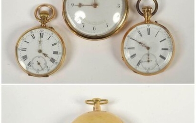 Three pocket watches in 18-carat yellow gold, one of which is signed Rourquin Le jeune. Period: early 19th century and late 19th century. Total weight: +/-266grs.