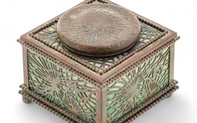 Tiffany Studios (American, 1878-1938) Bronze Pine Needle And Favrile Glass Inkwell, #844, Ca. 1910