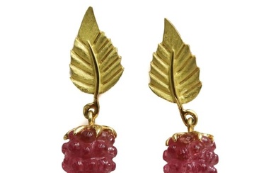 Tiffany & Co. 18k Yellow Gold and Pink Tourmaline Carved Raspberry Drop Earrings