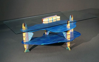 Tom Dolan Painted and Decorated Wood Two Tier 'Speckled Fish' Glass Top Dining Table; together with 'Speckled Fish' Hinged Puzzle B