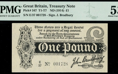Treasury Series, John Bradbury, first issue £1, ND (7 August 1914), serial number E/37 001728,...