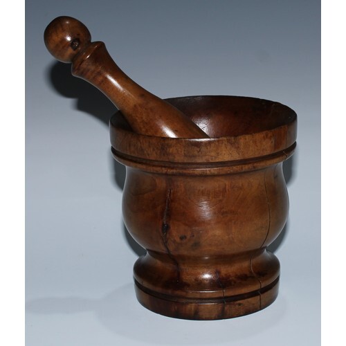 Treen - a 19th century turned fruitwood pestle and mortar, 1...