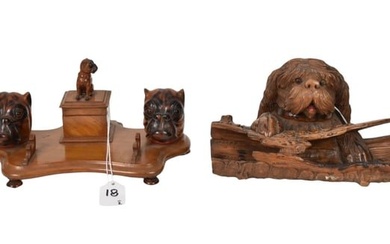 Two Antique Carved Wood Figural Dog Inkwell Stands - Comprising: A Black Forest Carved Sheepdog