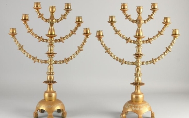 Two heavy antique bronze Jewish 7-light candlesticks