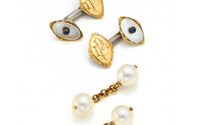 Two pairs of yellow gold cufflinks: one with pearls and chain, the other with mother-of-pearl, blue glass paste and silver...