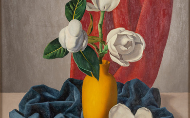 UGO CELADA (1895-1995) Magnolie in vaso giallo (anni 40) olio su masonite...
