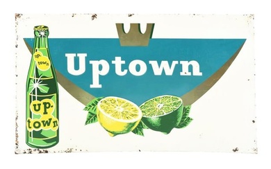UP-TOWN BEVERAGE EMBOSSED TIN SIGN W/ BOTTLE GRAPHIC