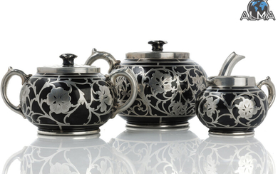Unique English Tea Set Made of Glazed Porcelain Integrated w/ Sawed Silver