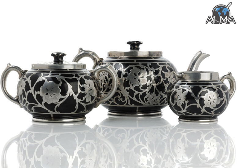 Unique English Tea Set Made of Glazed Porcelain Integrated w/ Sawed Silver