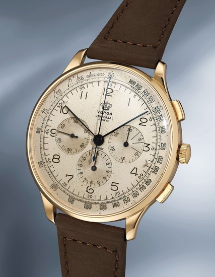 Universal, Ref. 12515 An extremely rare oversized yellow gold chronograph wristwatch with box