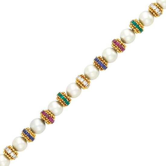 Van Cleef & Arpels Gold, Cultured Pearl, Ruby, Emerald, Sapphire and Diamond Bracelet