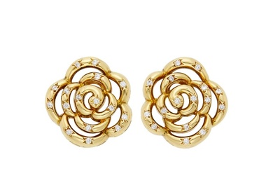 Van Cleef & Arpels Pair of Gold and Diamond 'Camellia' Earclips