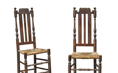 Very Rare Pair of William and Mary Black-Painted Banister-Back Ash Side Chairs, Southeastern Pennsylvania, Circa 1725