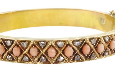 Victorian 15ct gold coral and rose cut diamond hinged bangle