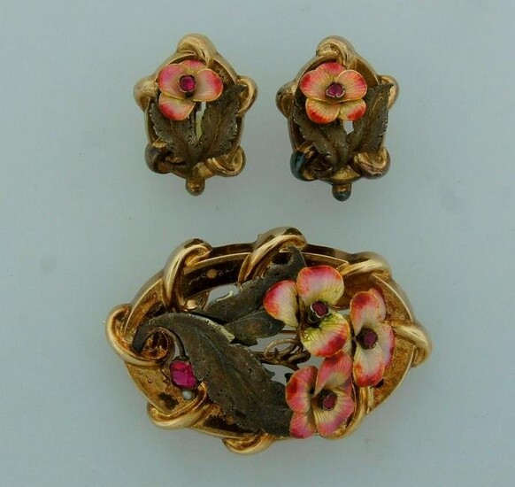 Victorian ENAMEL RED STONE YELLOW GOLD SET of EARRINGS