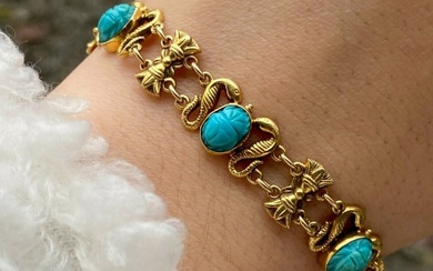 Victorian Egyptian Revival Turquoise Scarab and 14K Gold Lotus, Snake...