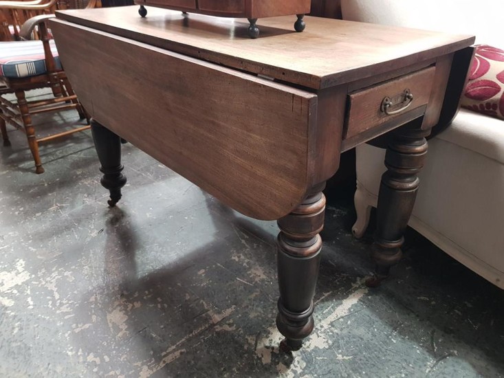 Victorian Mahogany Drop Leaf Dining Table, fitted with a drawer and on turned legs