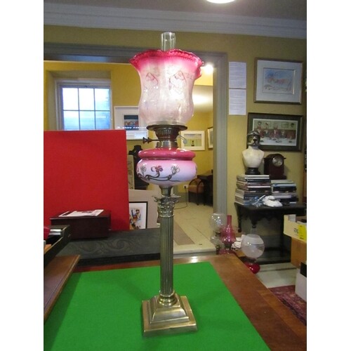 Victorian Ruby Glass Shade Oil Lamp Corinthian Column Form C...