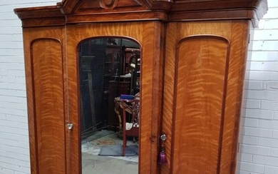 Victorian Satinwood Breakfront Wardrobe, with central mirrored door, flanked by two timber arched panel doors (h:225 x w:215 x d:66cm)