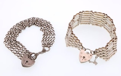 Victorian; Two English Sterling Silver Heart Padlock Bracelets