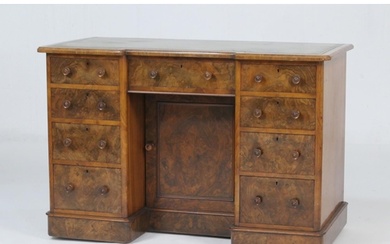 Victorian burr walnut kneehole desk, with inverted breakfron...
