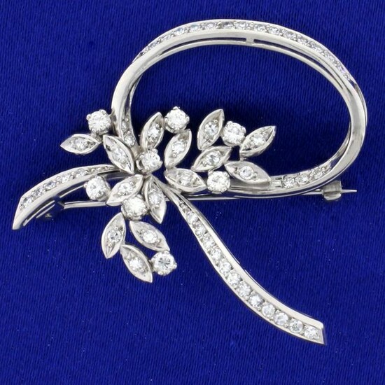 Vintage 1ct TW Diamond Ribbon Flower Design Pin in 18K