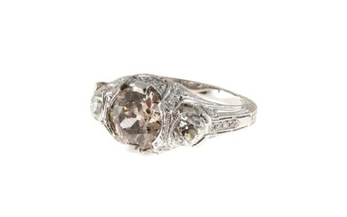 Vintage Art Deco Engagement 2.19ct Brown Diamond Platinum European Cut Ring