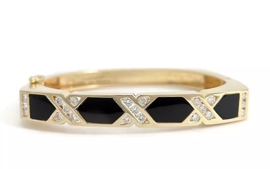 Vintage Black Onyx Diamond Square Bangle Bracelet 14K Yellow Gold, 30.75 Grams