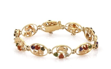 Vintage Multi-Color Gemstones 18k Yellow Gold Floral Oval Link Bracelet