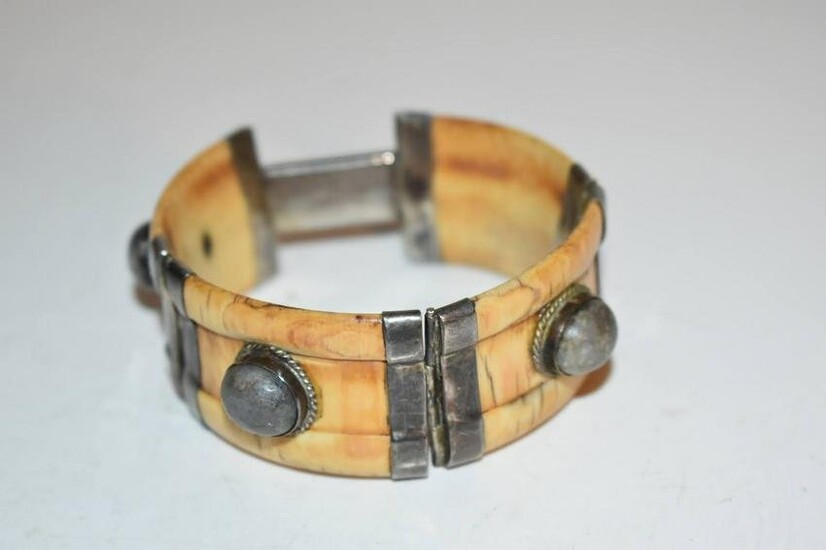 Vintage Native American Bone Bovin Gemstone Sterling Bracelet 7"