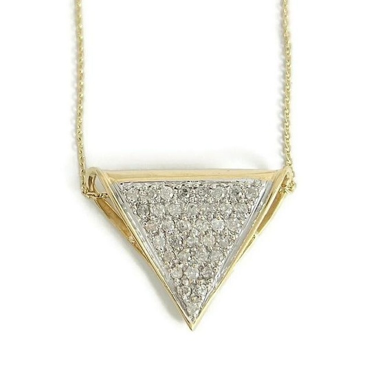 Vintage Pave Diamond Triangle Pendant Necklace 14K Yellow Gold, 6.41 Grams