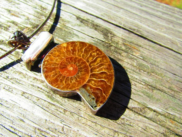 Vintage Sterling Silver Fossil Ammonite & Pearl