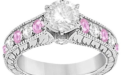 Vintage Style Diamond and Pink Sapphire Engagement Ring in 14k W Gold 2.41ctw
