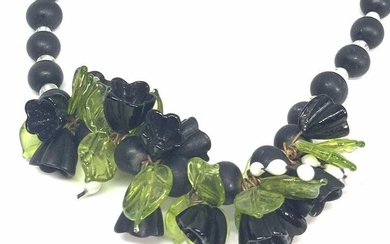 Vntg Matte Black Floral Beaded Necklace, Jewelry