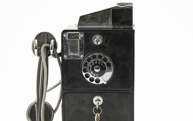 WALL TELEPHONE, coin telephone, coin payphone, model DMT, AB L.M. Ericsson, made in the middle of the 20th century, black lacquered iron case, microphone in black bakelite.