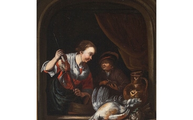 Willem van Mieris Leyde 1662 - 1747 Leyde, attribué "La cuisinière et le garçon" Huile...