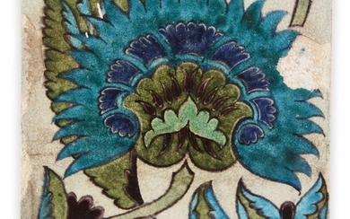 William De Morgan (1839-1917), Persian Flower tile, 1888-1897, Glazed earthenware, Impressed stamp verso for Sands End Pottery (indistinct), 15.6cm x 15.6cm Literature: Martin Greenwood, The Designs of William de Morgan, London, 2007, page 156...