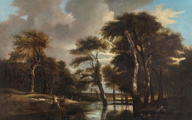 Wooded river landscape with hunters