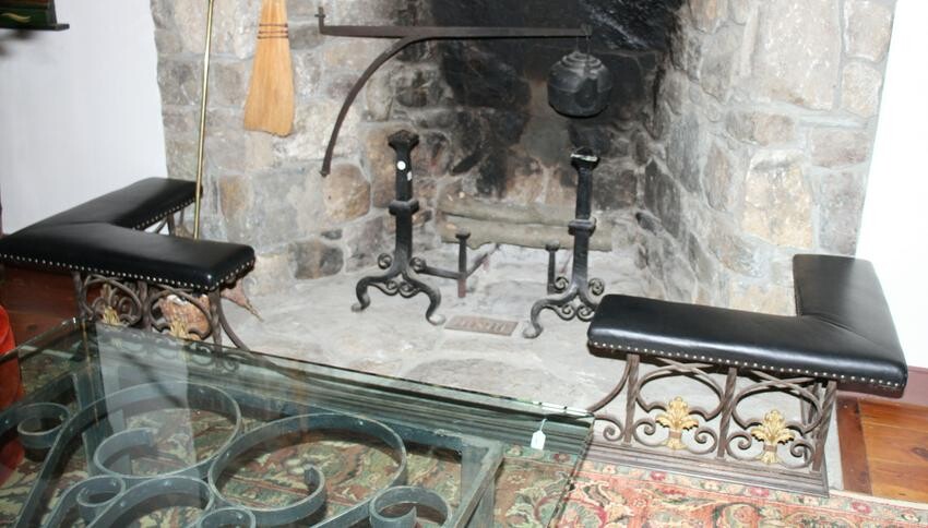 Wrought Iron Fireside Bench with Leather Seats