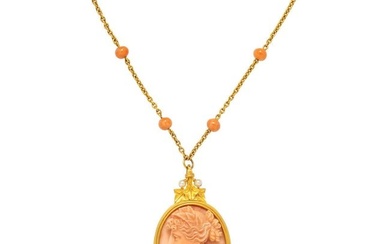 YELLOW GOLD AND CORAL CAMEO PENDANT/NECKLACE