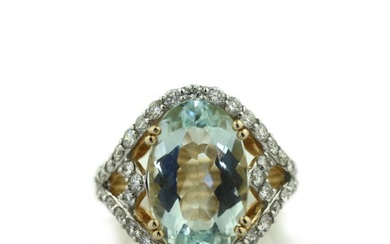 Yellow Gold Aquamarine and Diamond Ring