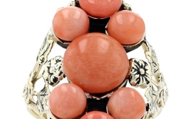 Yellow Gold Coral Edwardian Cluster Cocktail Ring, 14k Antique Floral