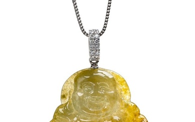 Yellow Jadeite Jade Buddha and Diamond Pendant, Certified Untreated