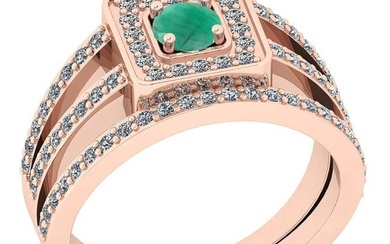 0.81 Ctw SI2/I1 Emerald And Diamond 14K Rose Gold Anniversary Set Ring
